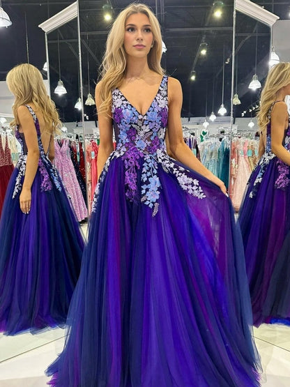 Tulle Appliques V-Neck Open Back Long Prom Dresses