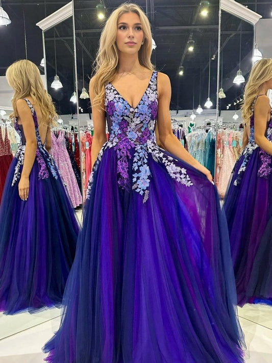 Tulle Appliques V-Neck Open Back Long Prom Dresses