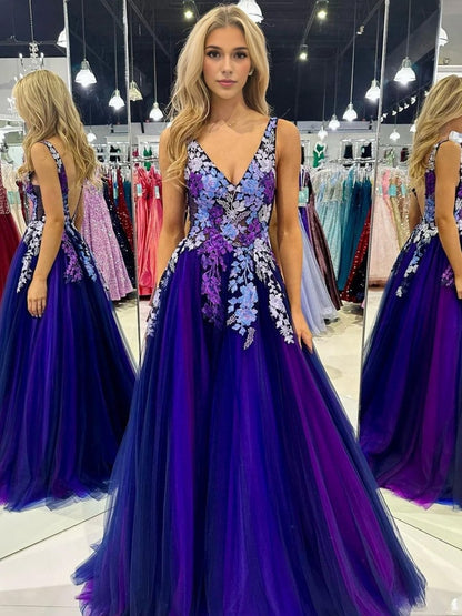 Tulle Appliques V-Neck Open Back Long Prom Dresses