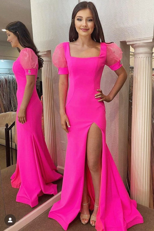Square Neck Puff Sleeve Mermaid Long Dresses with Slit
