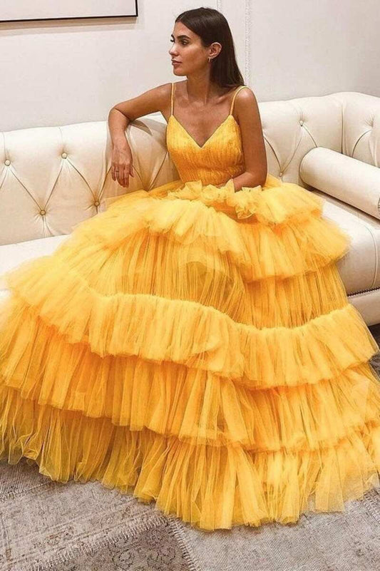 Princess Tie Tulle Straps Backless Long Prom Dresses