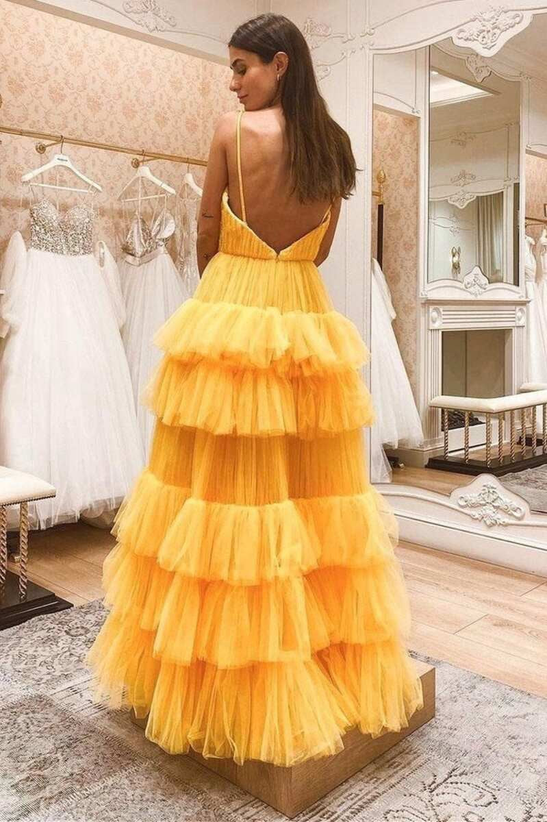 Princess Tie Tulle Straps Backless Long Prom Dresses