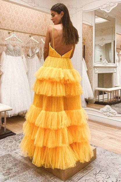 Princess Tie Tulle Straps Backless Long Prom Dresses