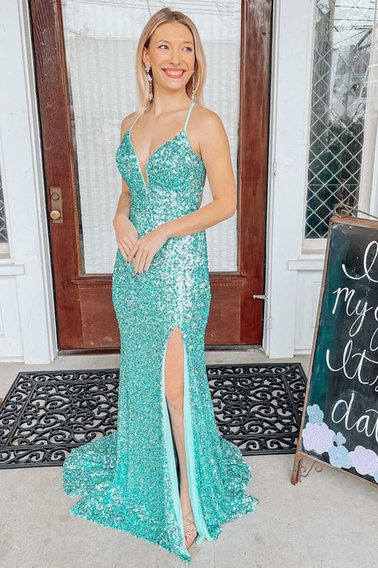 Light Jade Sequin Lace-Up Back Mermaid Long Prom Dresses