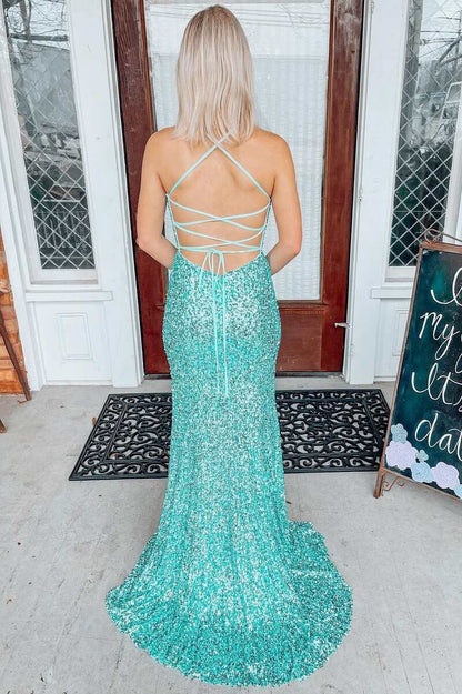 Light Jade Sequin Lace-Up Back Mermaid Long Prom Dresses
