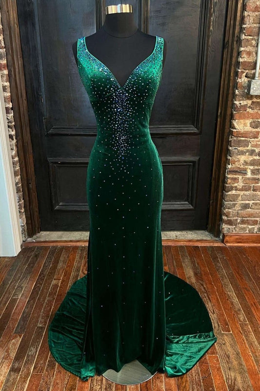 Emerald Velvet V-Neck Cutout Back Mermaid Long Formal Dresses
