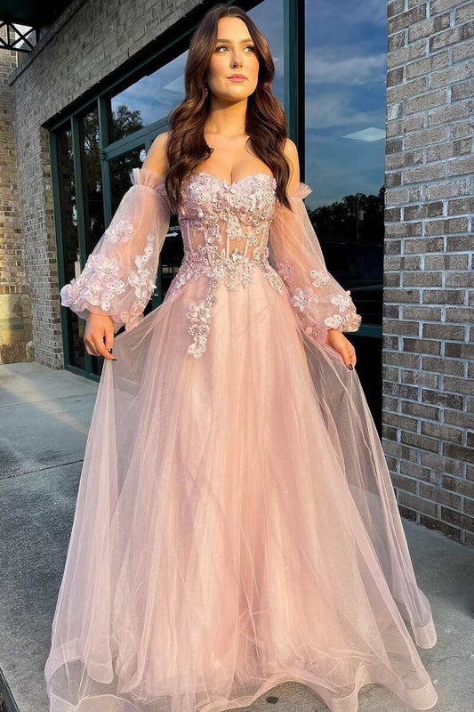 Tulle Strapless A-line Prom Dresses with Balloon Sleeves