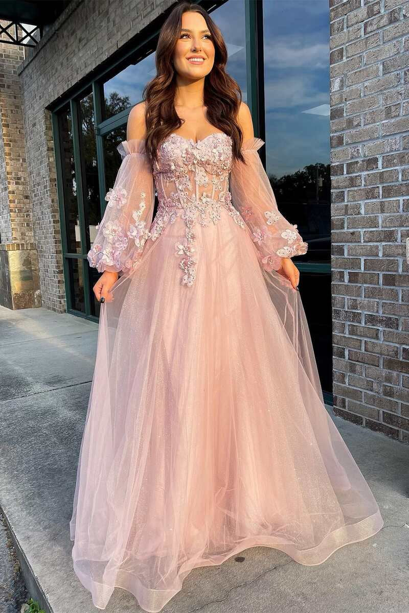 Tulle Strapless A-line Prom Dresses with Balloon Sleeves