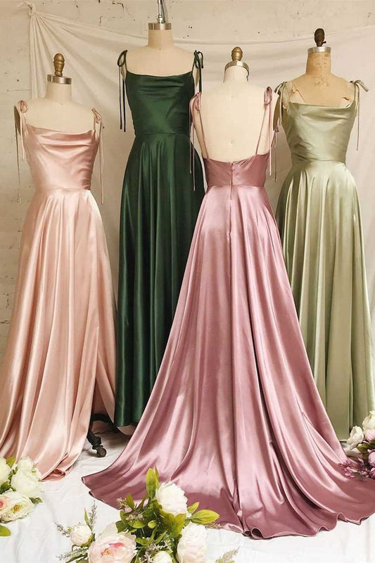Sweet A-line Cowl Neck Silk Long Prom Dresses