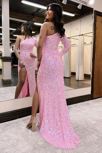 One-shoulder Long Sleeve Tiffany Sequins Long Formal Dresses