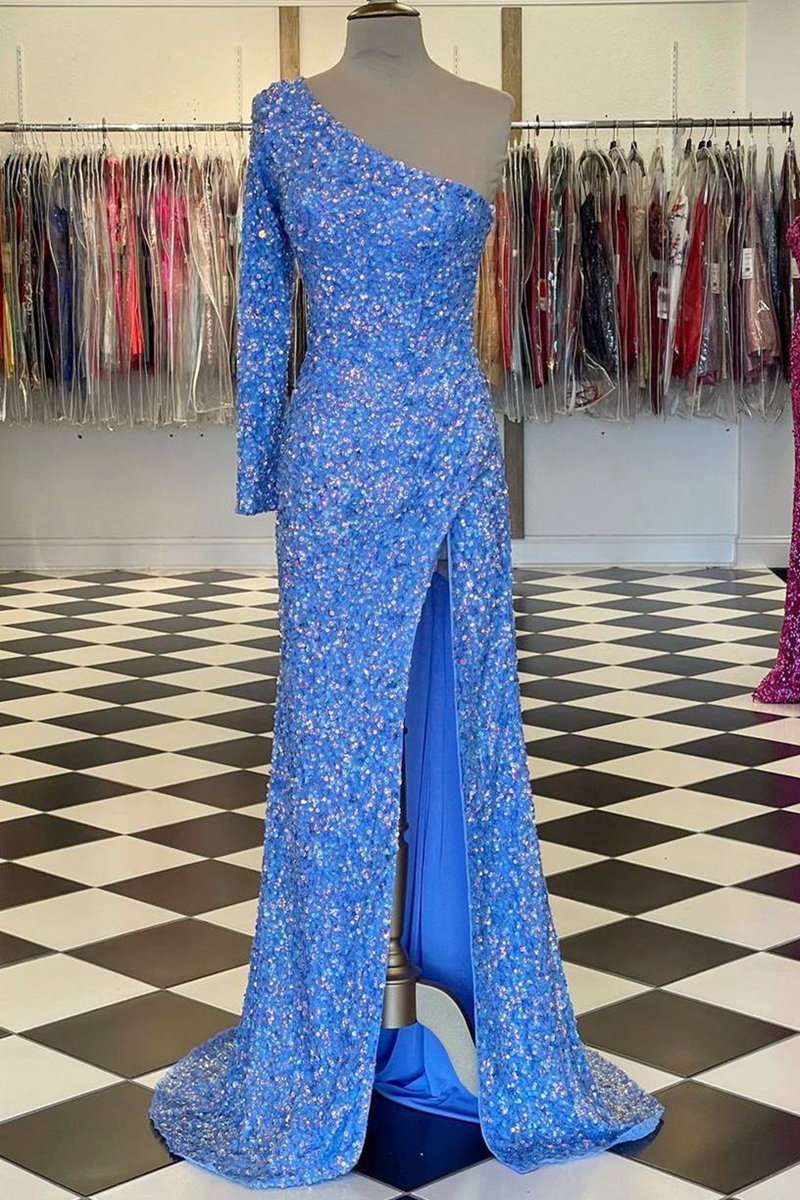 One-shoulder Long Sleeve Tiffany Sequins Long Formal Dresses