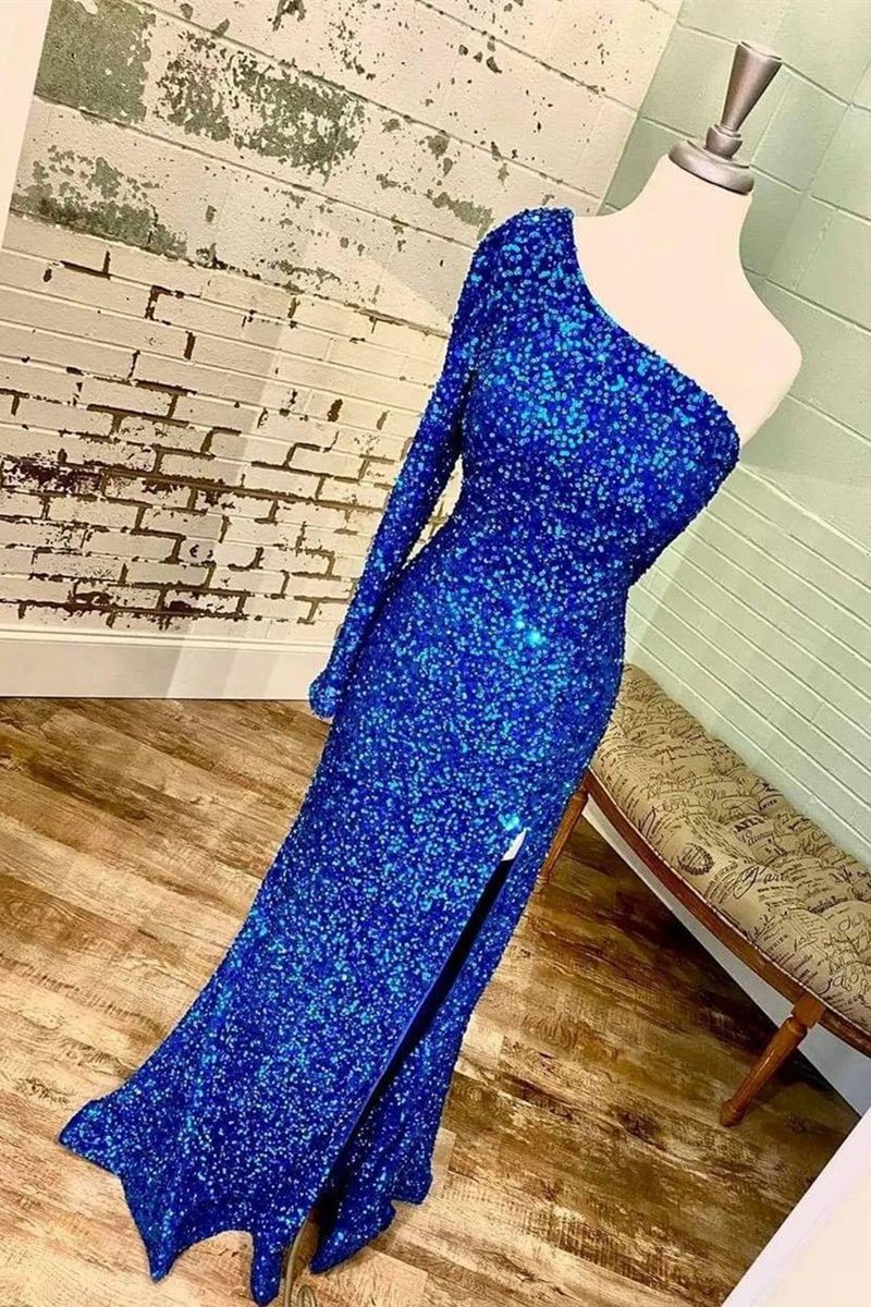 One-shoulder Long Sleeve Tiffany Sequins Long Formal Dresses