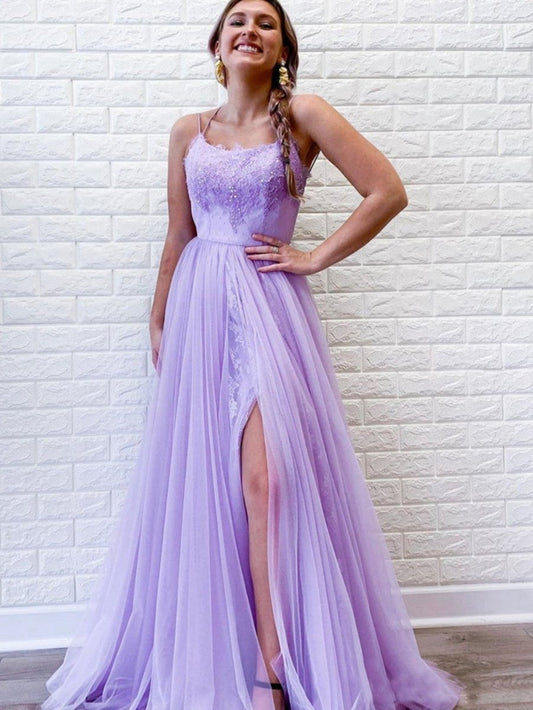 A-line Backless Tulle Long Prom Dresses