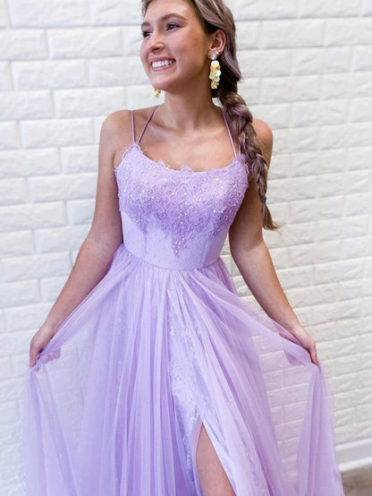 A-line Backless Tulle Long Prom Dresses
