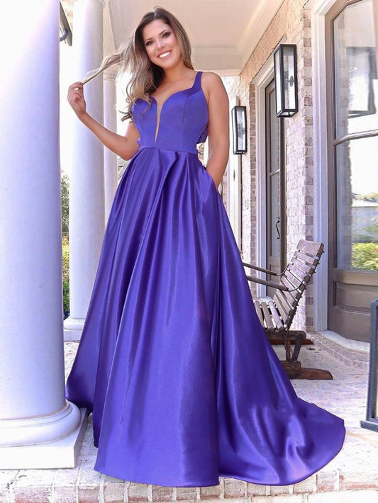 A-line V Neck Long Prom Dresses