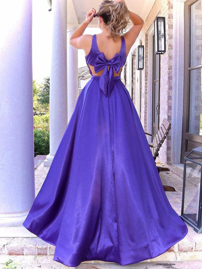A-line V Neck Long Prom Dresses