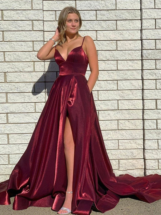 DarkSatin A-line Tight Long Prom Dresses with Slit