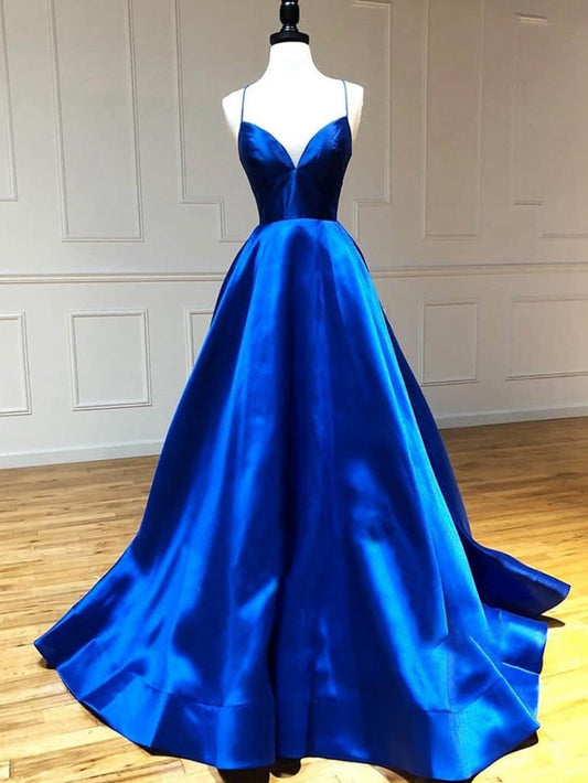 Satin A-line V Neck Long Prom Dresses
