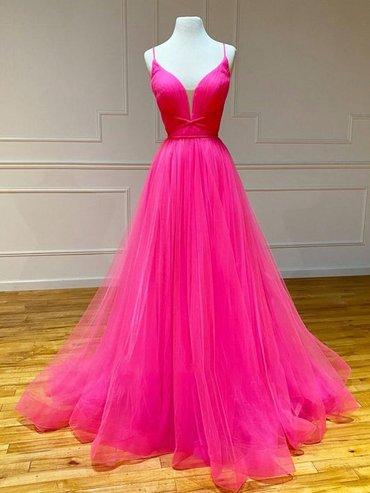Tulle A-line Ruffles Long Prom Dresses