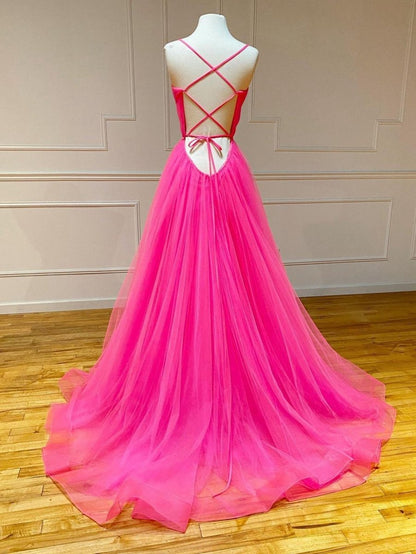 Tulle A-line Ruffles Long Prom Dresses