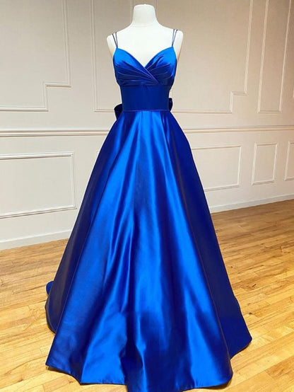 Satin A-line V Neck Long Prom Dresses with Bow Tie