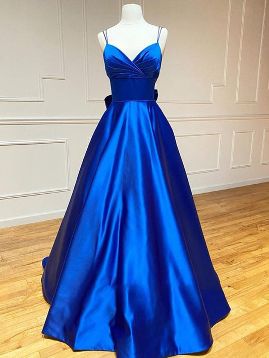 Satin A-line V Neck Long Prom Dresses with Bow Tie