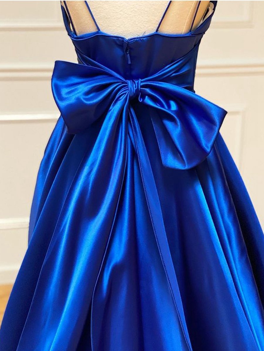 Satin A-line V Neck Long Prom Dresses with Bow Tie