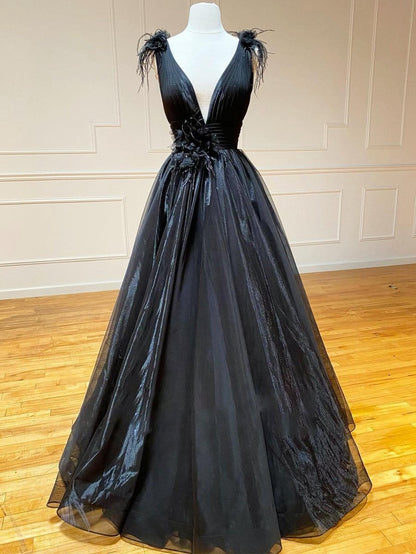 A-line V Neck Tulle Long Prom Dresses