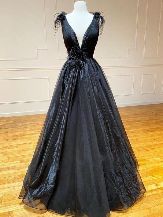 A-line V Neck Tulle Long Prom Dresses