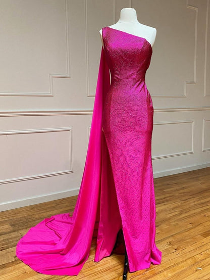 One Shoulder Glitter Mermaid Long Prom Dresses