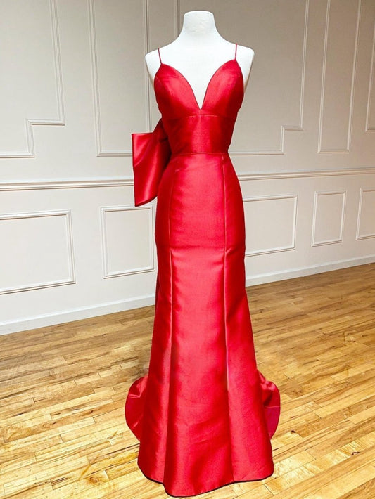 Satin Mermaid V Neck Long Prom Dresses with Bow Tie