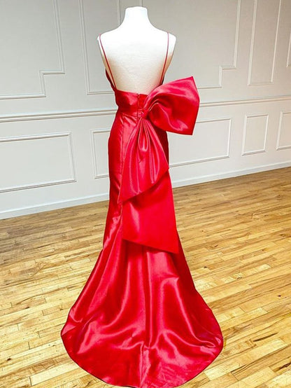 Satin Mermaid V Neck Long Prom Dresses with Bow Tie