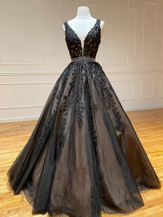 A-line V Neck Lace Long Prom Dresses