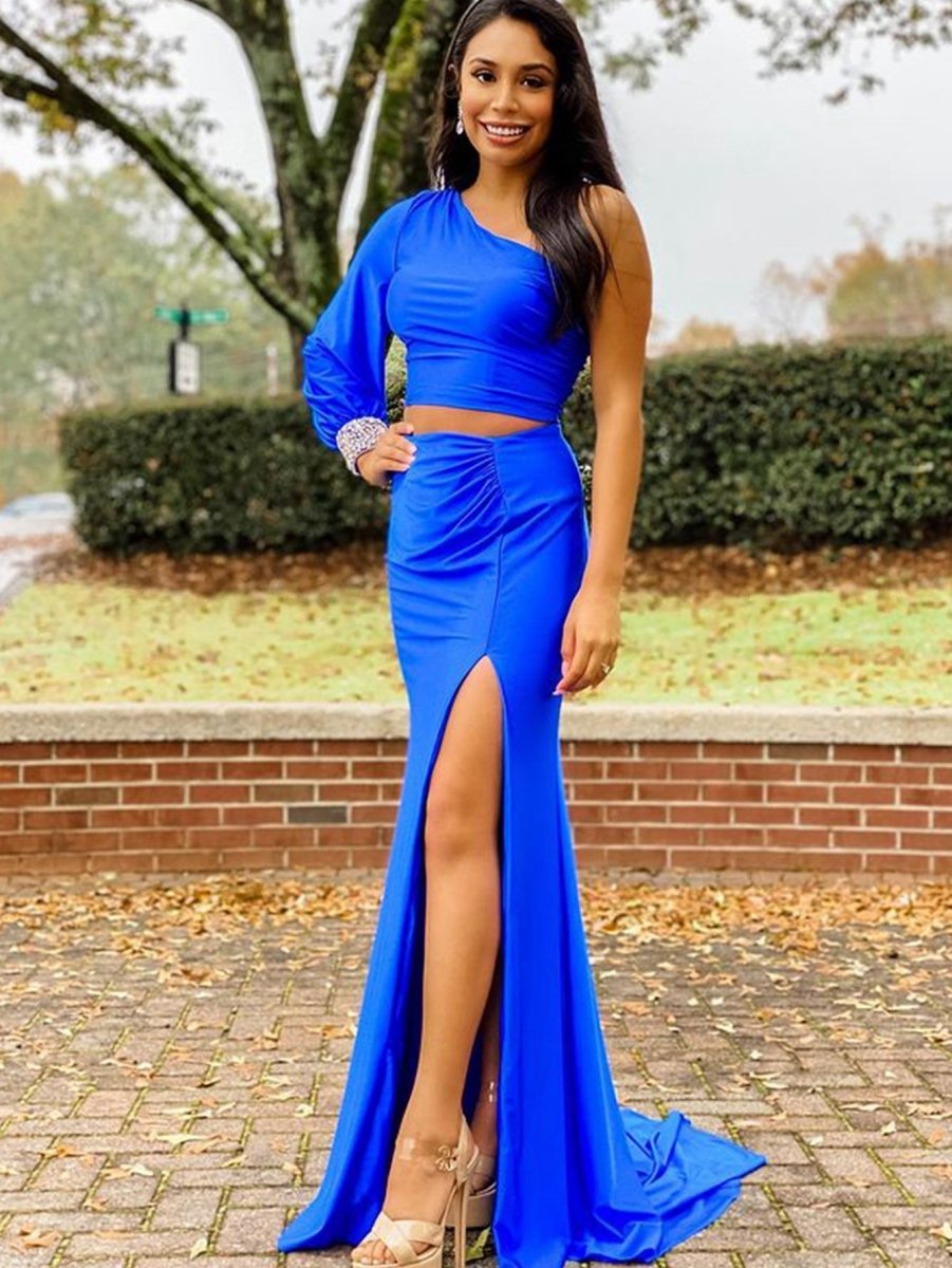 Satin Mermaid One Shoulder Two Pieces Set Long Prom Dresses