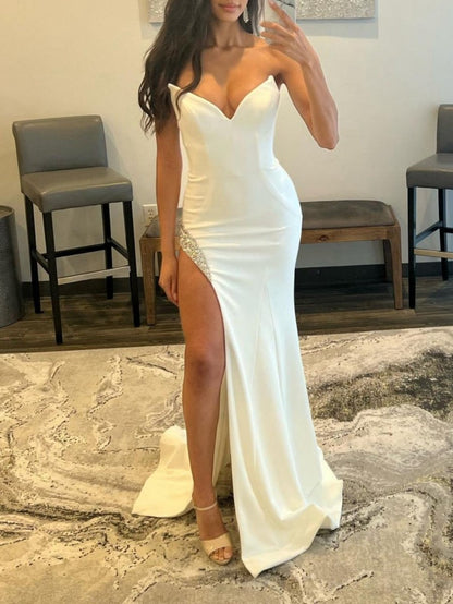 Strapless V Neck Long Prom Dresses with Slit
