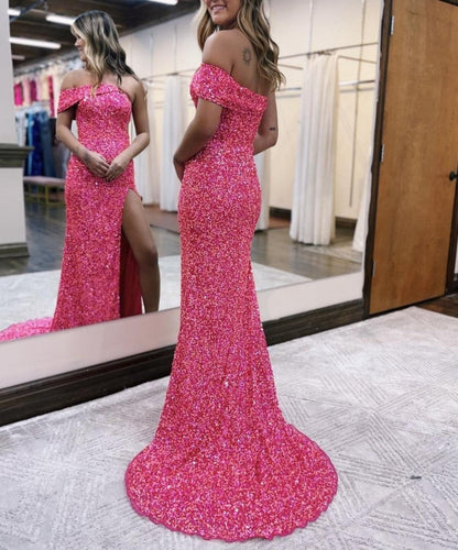 Glitter Mermaid One Shoulder Long Prom Dresses with Slit