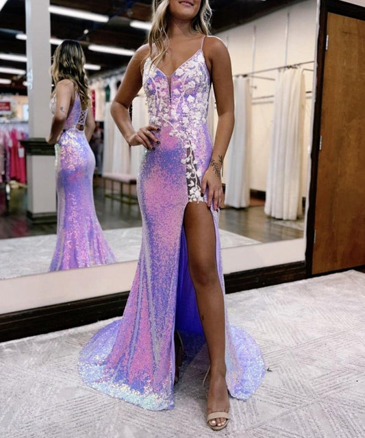 Mermaid Glitter Floral Long Prom Dresses with Slit