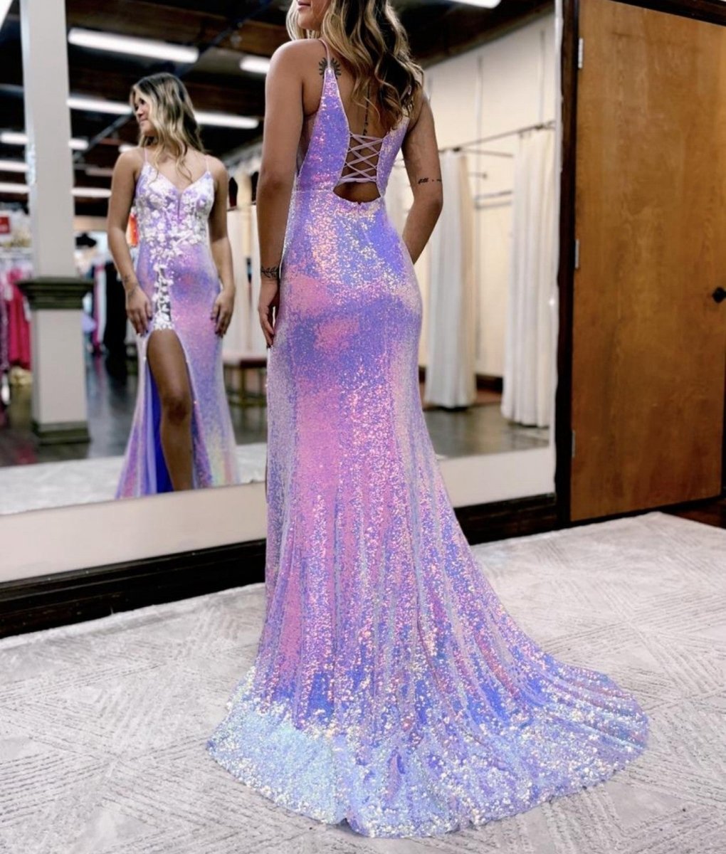 Mermaid Glitter Floral Long Prom Dresses with Slit