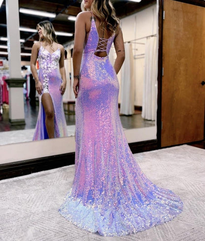 Mermaid Glitter Floral Long Prom Dresses with Slit