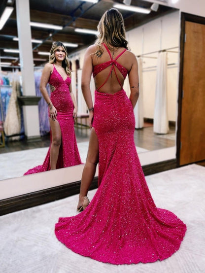 Glitter Mermaid V Neck Cut Out Prom Dresses with Slit