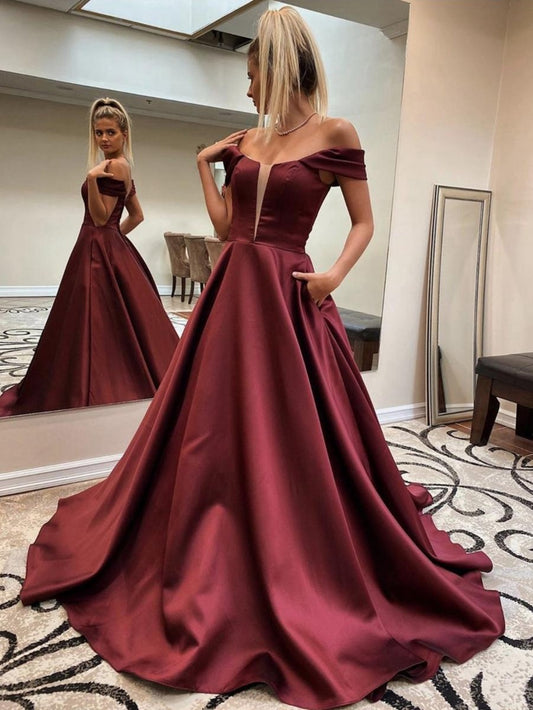 A-line Off the Shoulder Long Prom Dresses