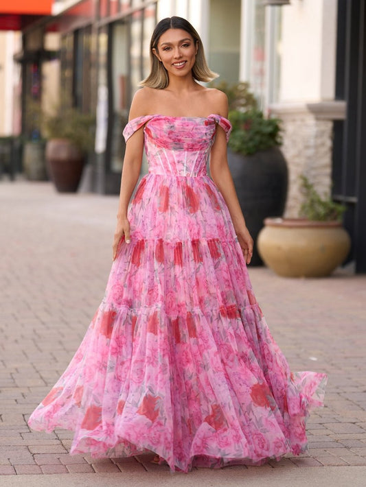 A-line Floral Long Prom Dresses
