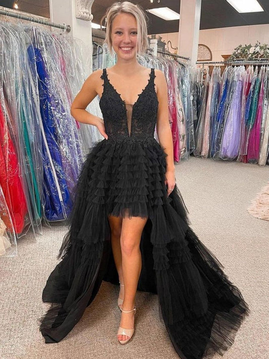 V Neck Asymmetrical Tulle Long Prom Dresses