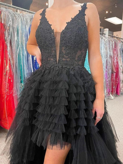 V Neck Asymmetrical Tulle Long Prom Dresses