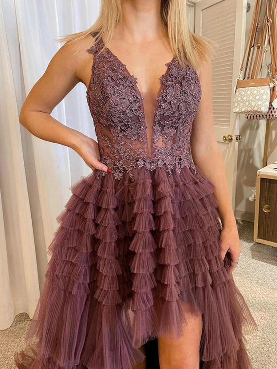 V Neck Asymmetrical Tulle Long Prom Dresses