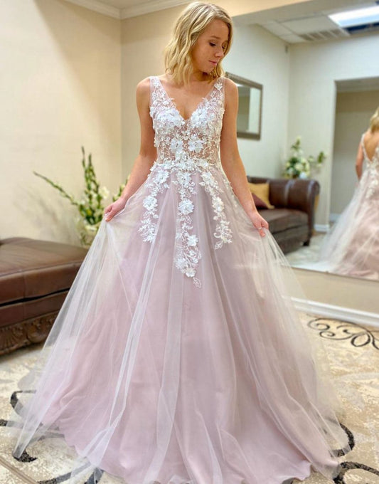 A-line Floor Length Prom Evening Dresses with Appliques