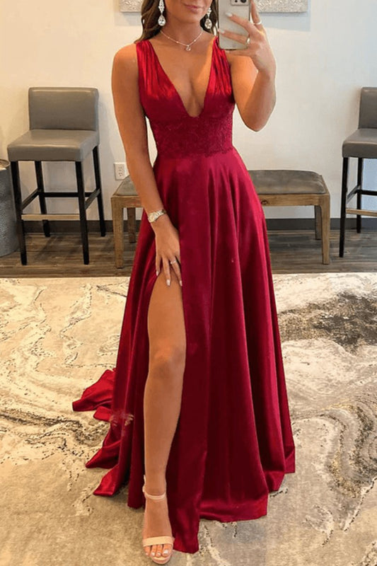 V Neck Lace Long Prom Evening Dresses with High Slit