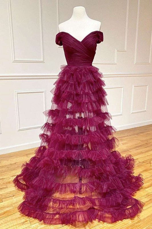 Off the Shoulder Dark Berry Pleated Sheer Tie Prom Dresses