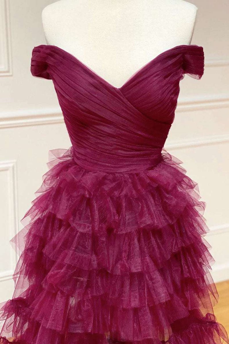 Off the Shoulder Dark Berry Pleated Sheer Tie Prom Dresses