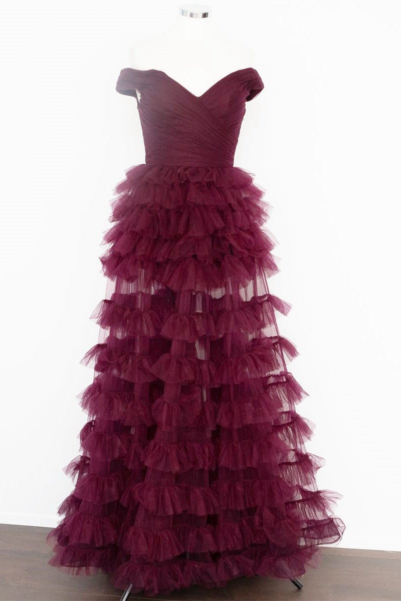 Off the Shoulder Dark Berry Pleated Sheer Tie Prom Dresses
